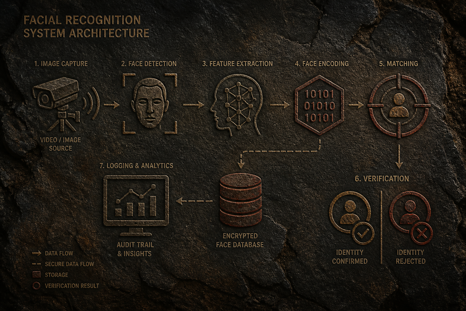 Facial recognition software architecture visualised as mineral wall marks